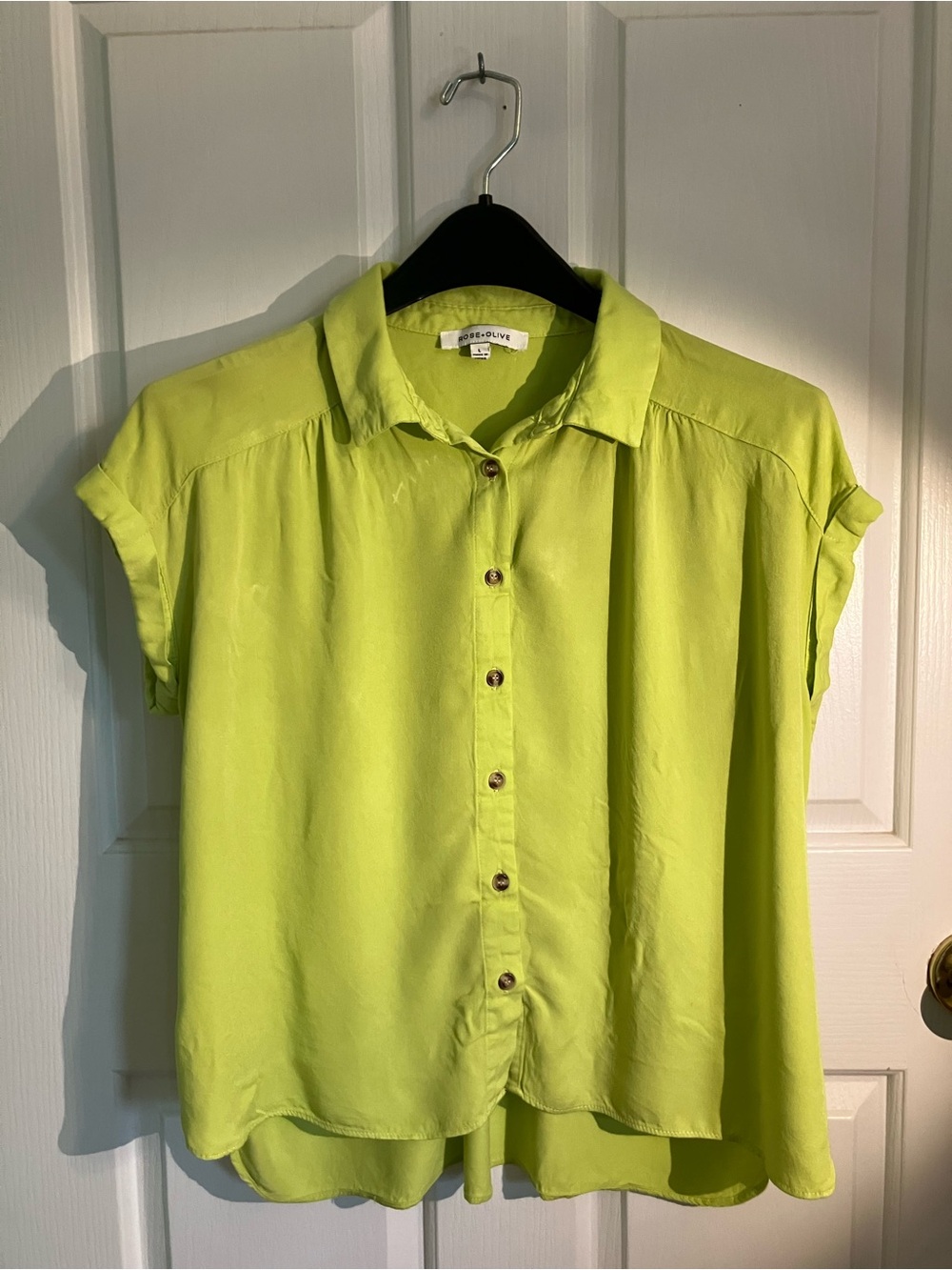 Rose & Olive Short Sleeve Button-Down Top in Lime Green